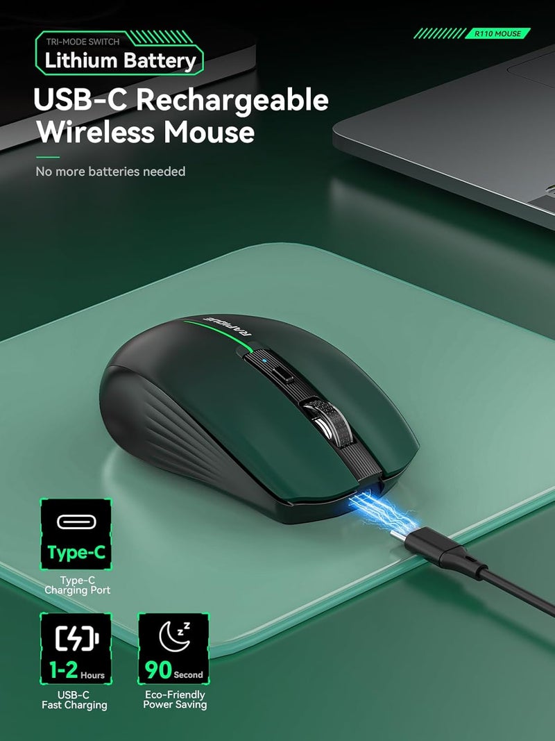 RAPIQUE Bluetooth Wireless Mouse – Bluetooth 5.1 & 2.4G Dual Connectivity, Rechargeable USB-C, Silent Click, Ergonomic 6-Button for Windows/macOS/Android/iOS/Laptop/MacBook(Green-to-Black) - Image 4